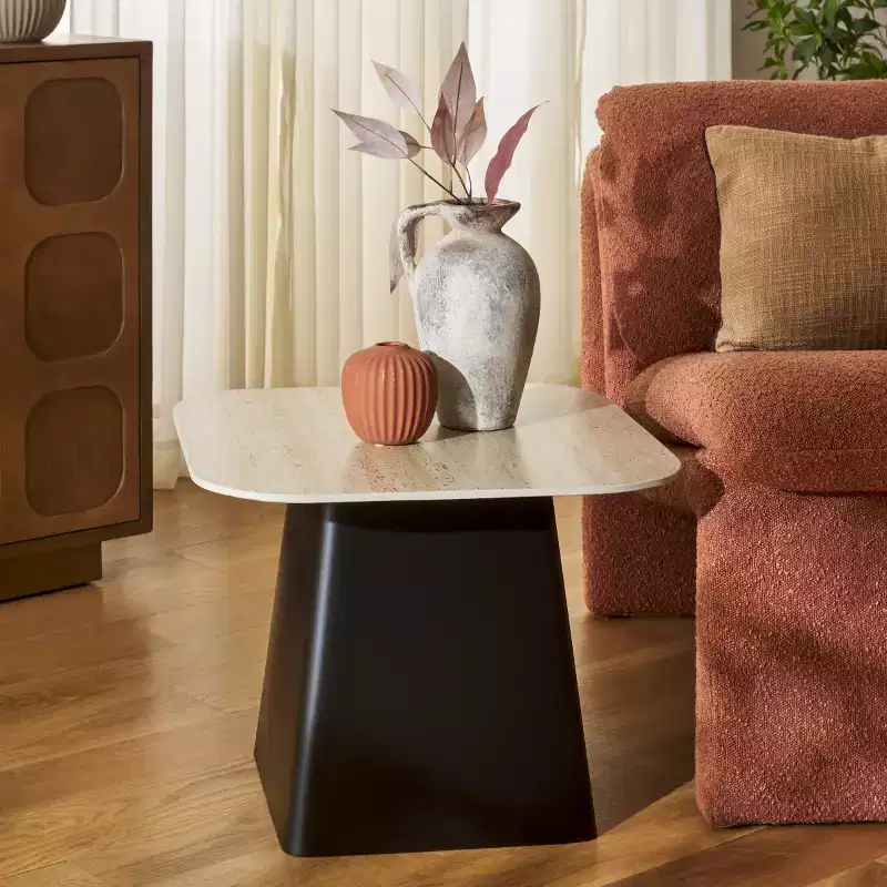 Modern Porcelain Top Side Table with Black Iron Base, Beige/Black