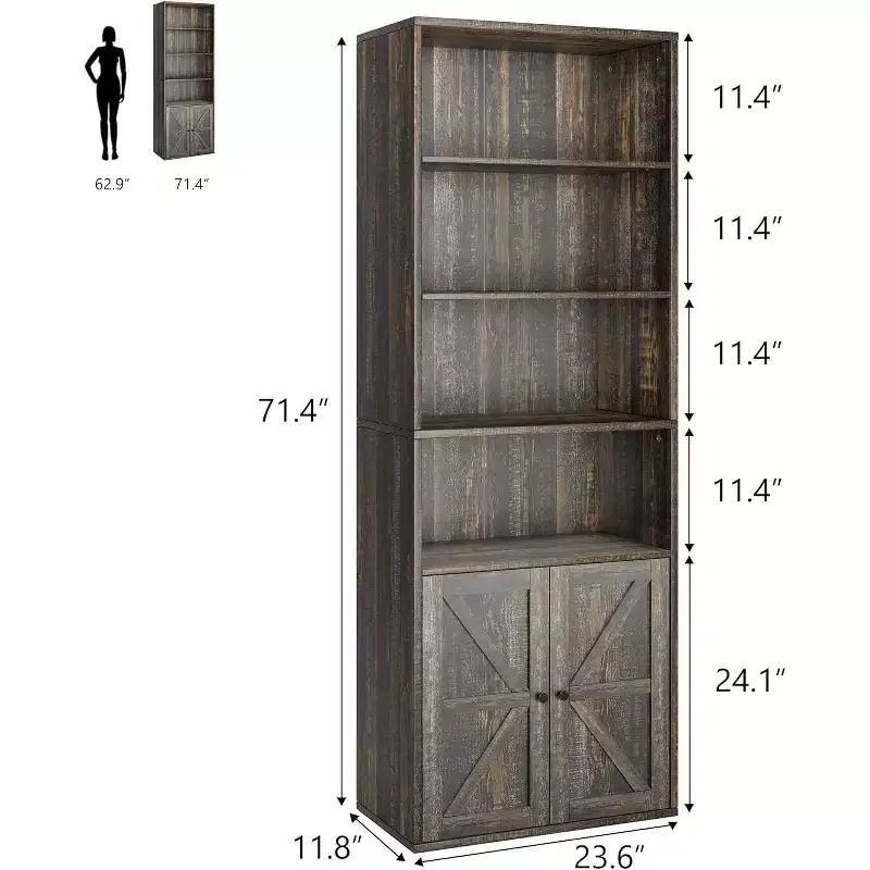 Acekool 71.4 Grey Bookcase with Doors, 6-Shelf Industrial Farmhouse Bookshelf, Deep Storage Display Cabinet, 2-Pack