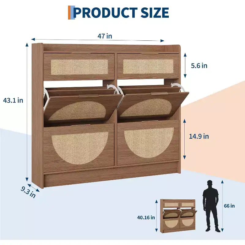 Rattan Shoe Cabinet with 4 Flip Drawers & 2 Small Drawers, Narrow Shoe Rack Organizer with Adjustable Shelves and Sleek Metal Handles for Home