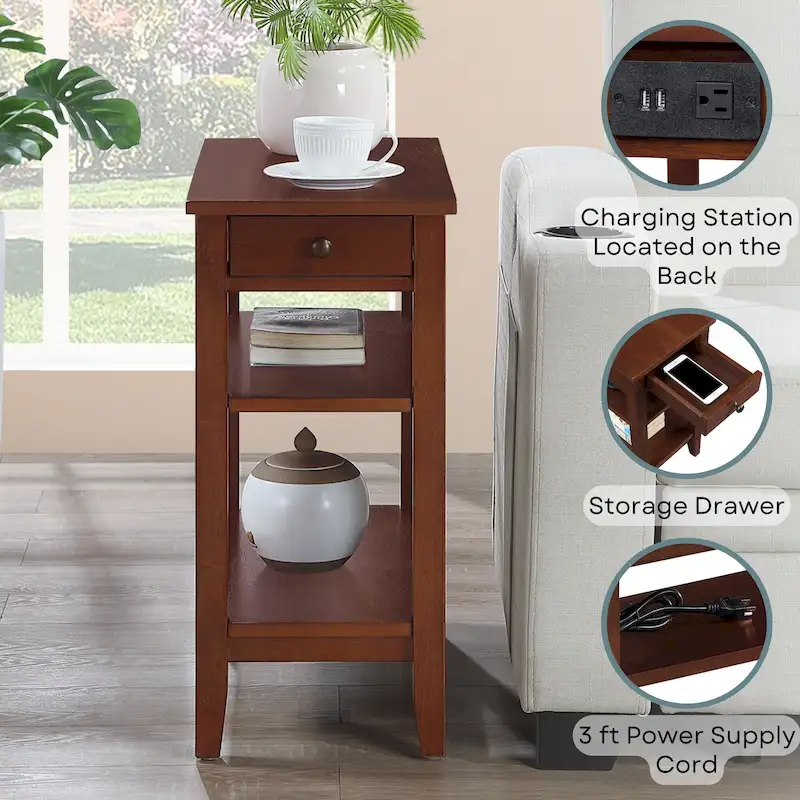 1 Drawer Chairside End Table with Charging Station and Shelves