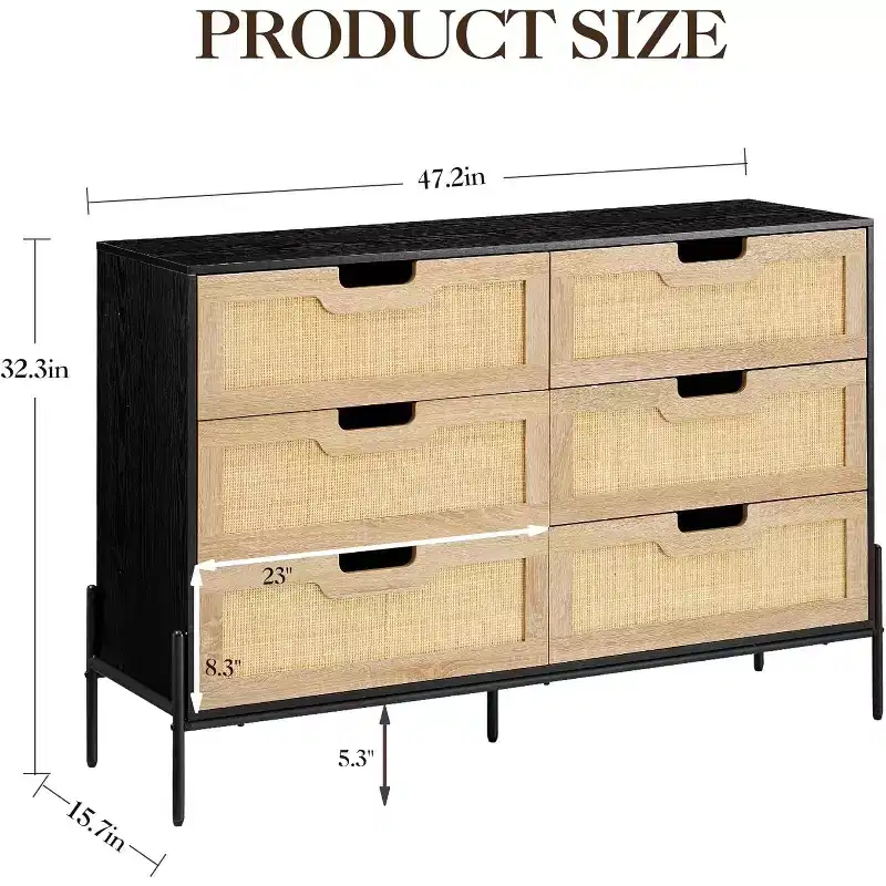 Acekool 6 Drawer Rattan Dresser, Fluted Chest with Stable Legs, Anti-Tipping Storage Cabinet for Bedroom
