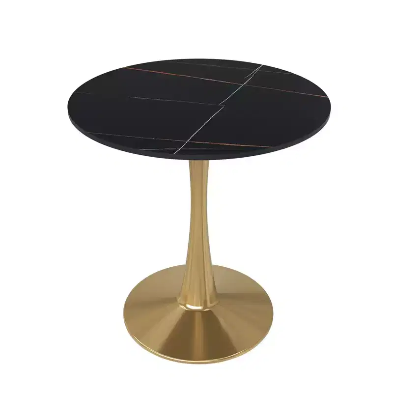 LeisureMod Bristol 24 Round Dining Table  Sintered Stone Top Accent Caf Table & Sturdy Steel Gold Pedestal Base for Kitchen and Small Spaces
