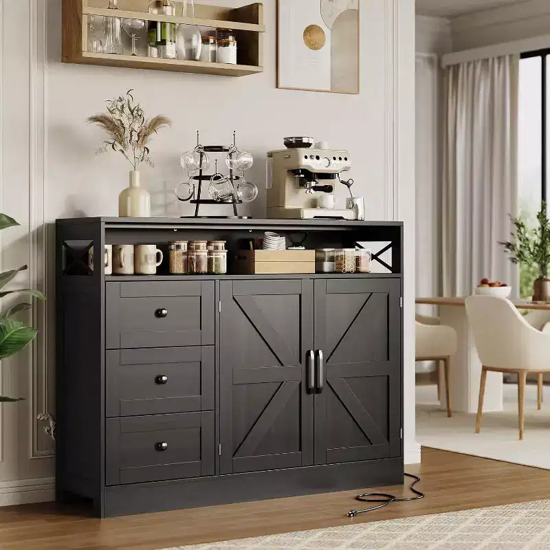 47.2 Modern Farmhouse Sideboard Buffet Cabinet with Storage, Built-in Power Outlet, 3 Drawers & 2 Barn Doors, Large Wood Coffee Bar Table