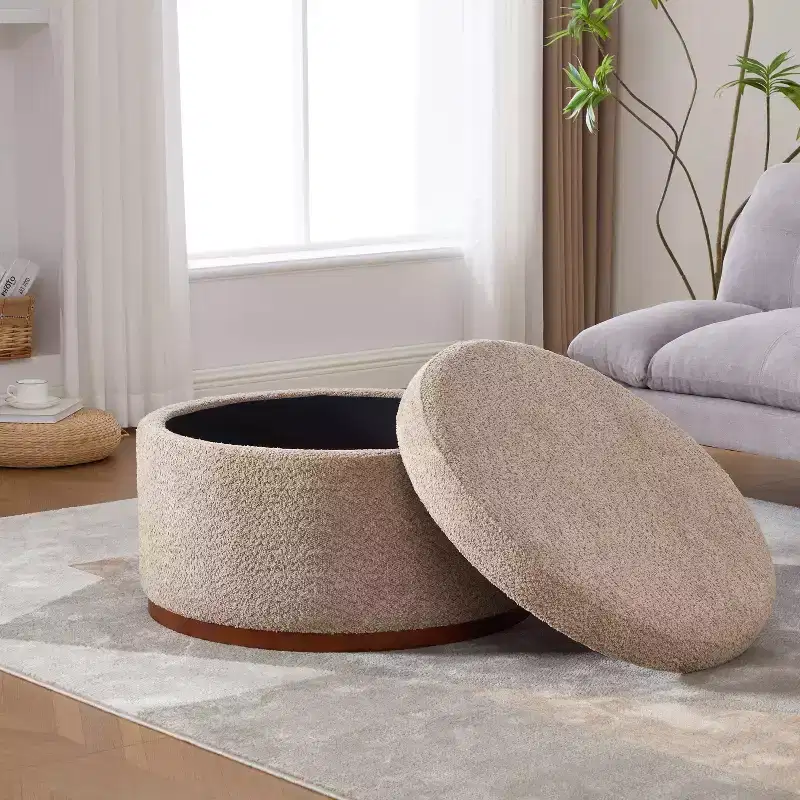 Round Upholstered Storage Ottoman with Rubberwood Base