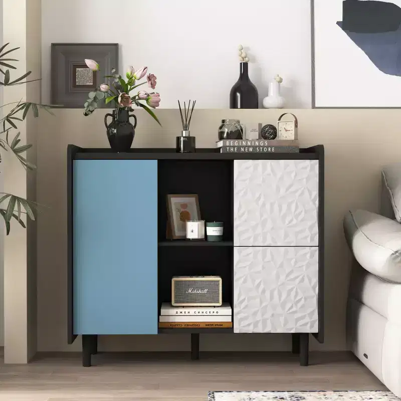 Black Sideboard with Red Doors - 2 Drawers, 2 Open Compartments, Modern Accent Cabinet