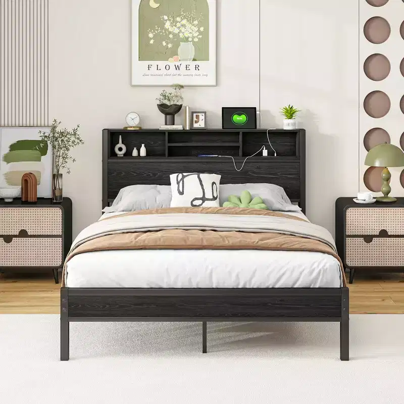 Full Size Metal Platform Bed Frame with Storage Headboard and Charging Station, Black