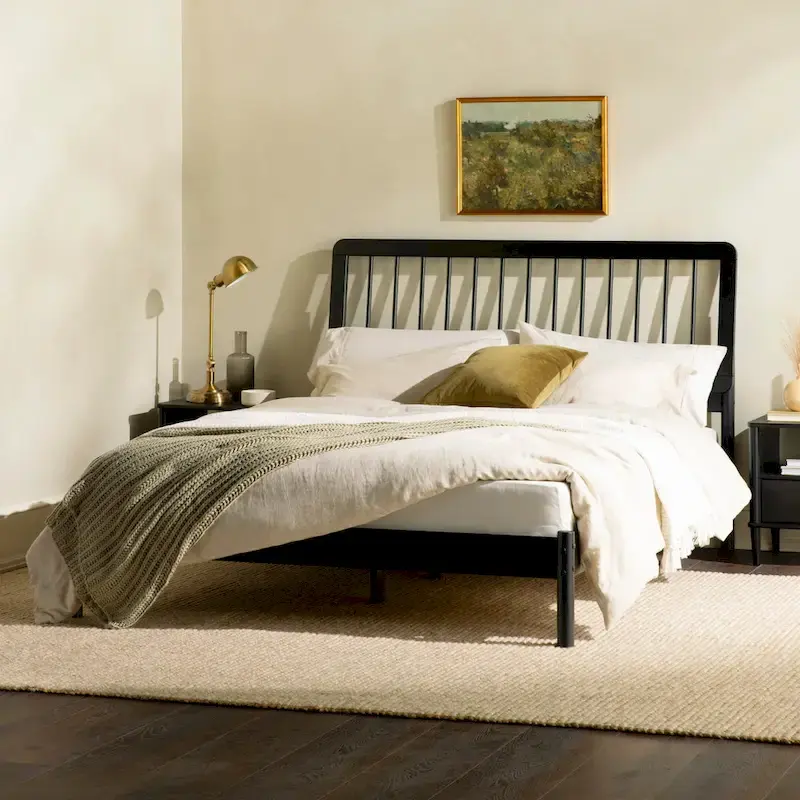 Solid Wood Queen Spindle Bed, Caramel / Natural Pine / Black, Fits 2
