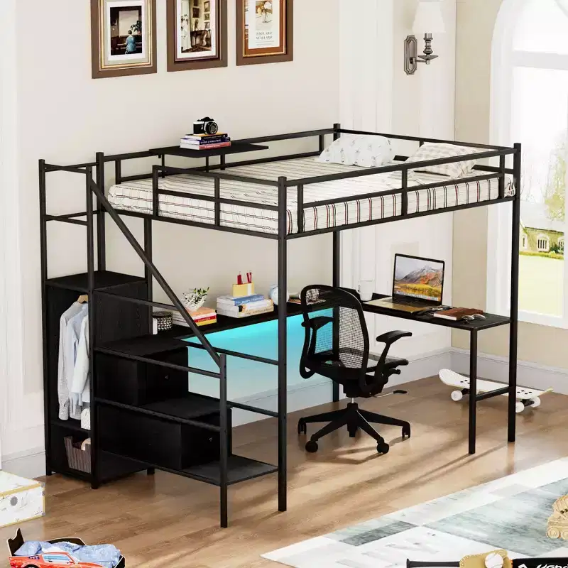 Full Size Metal Loft Bed with L-shaped Desk, Bed Frames with Safety Rails, Ladder and Storage Shelves, Twin Bed for Bedroom, Kids Room, Black