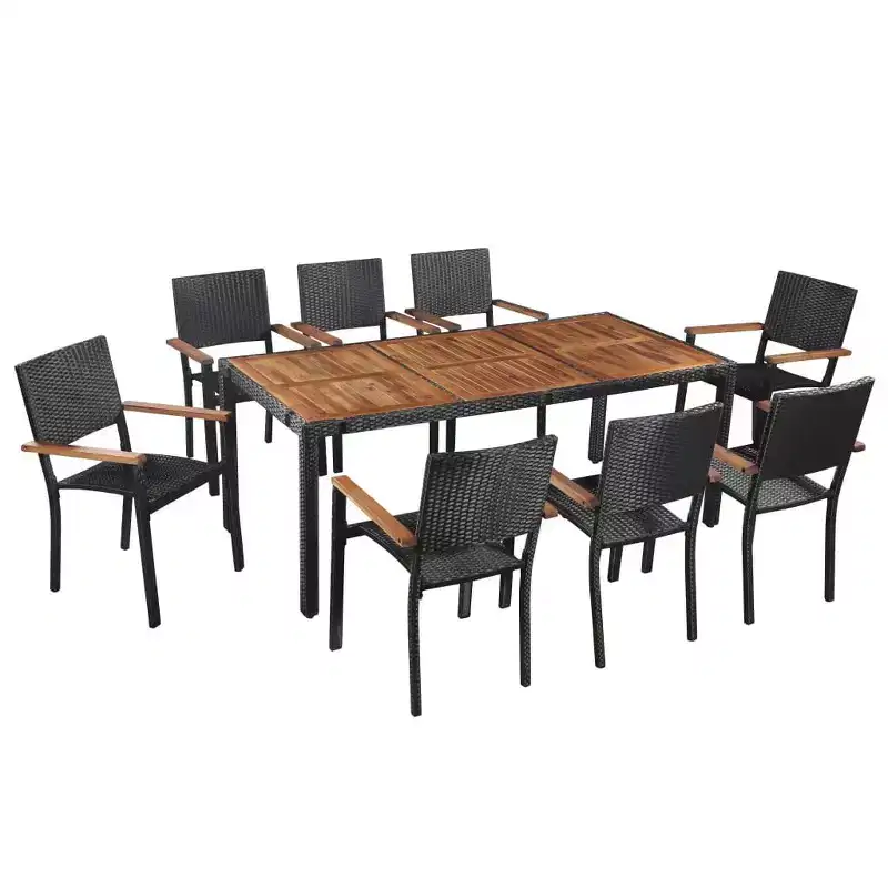 vidaXL Outdoor Dining Set - Poly Rattan and Acacia Wood, Water-Resistant and Durable - 9 Pieces with 1 Table and 8 Chairs - Brown/Black