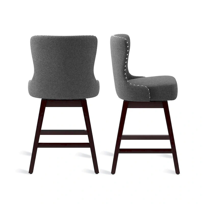 LUE BONA 26 in. Mid-Century Modern Wood Frame Swivel Bar Stools with Faux Leather and Linen Upholstered SeatSet of 4