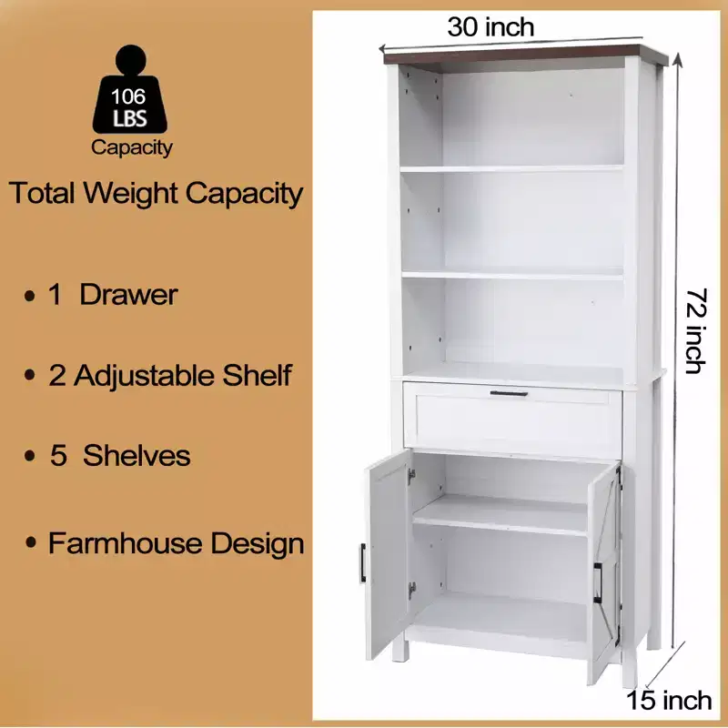 72 Inch High Bookcase with Doors, 6 Wheels Farmhouse Bookcase with Drawers and Adjustable Shelves for Study, Living Room, Bedroom