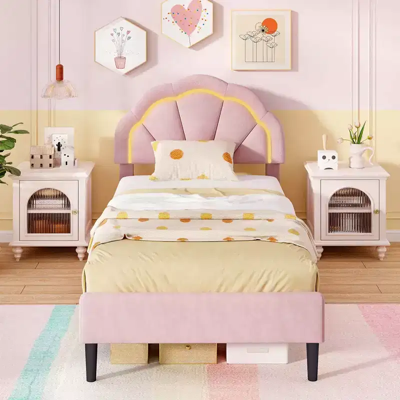 Upholstered LED Platform Bed – Velvet Flower Headboard, Twin/Full/Queen