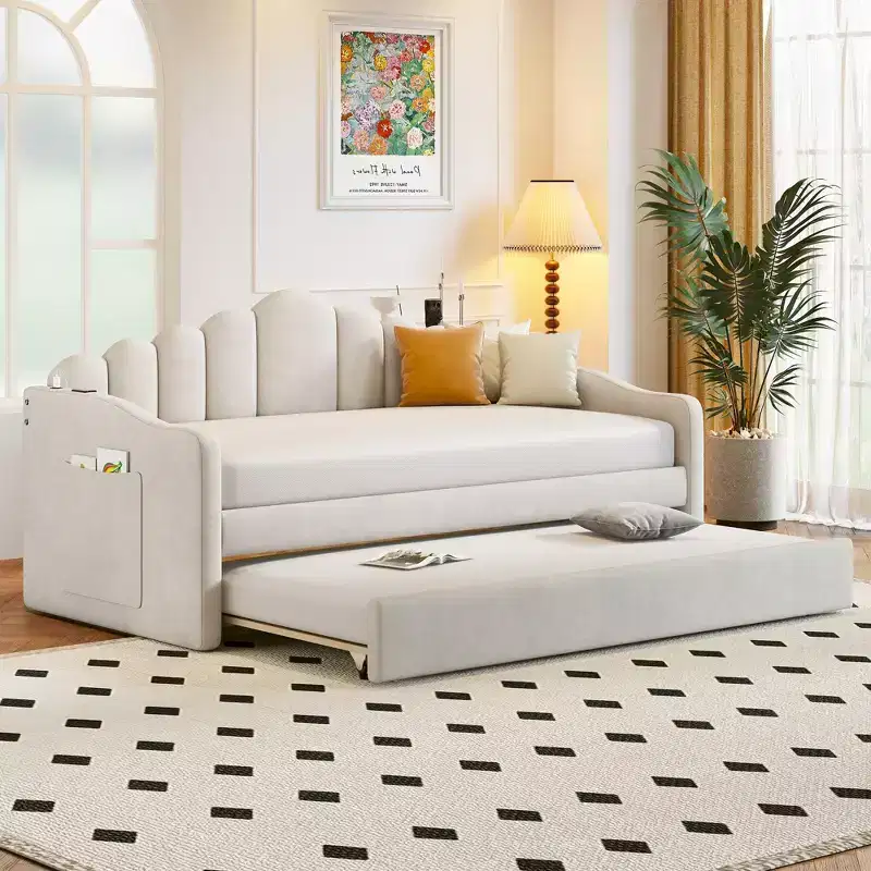 FAMYYT Twin Size Upholstered Daybed With Charging Station, Trundle, Easy Assembly