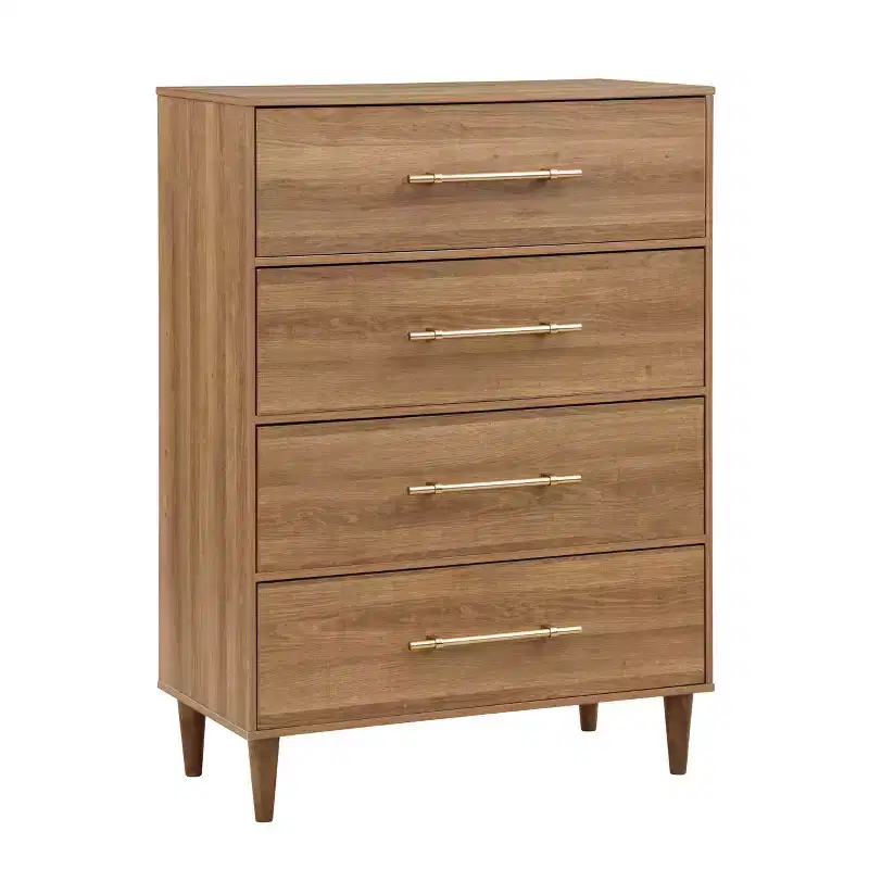 Mid-Century 4 Drawer Chest Light Oak - Rubberwood, Tapered Legs, Anti-Tip Hardware