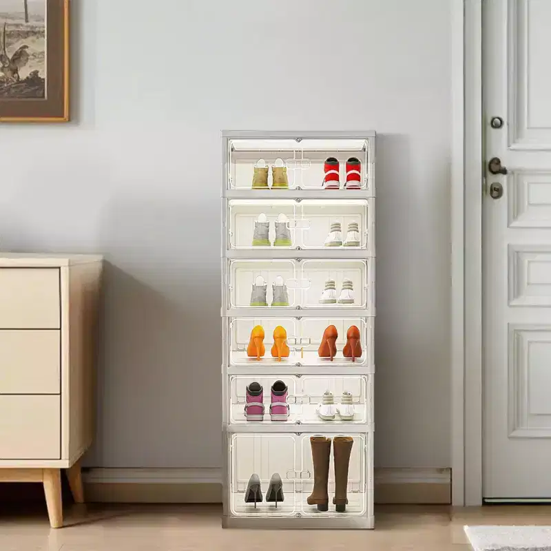 GustoWave Foldable Shoe Storage Box, Plastic Stackable Shoe Cabinets With Magnetic Doors, Shoe Rack for Living Room