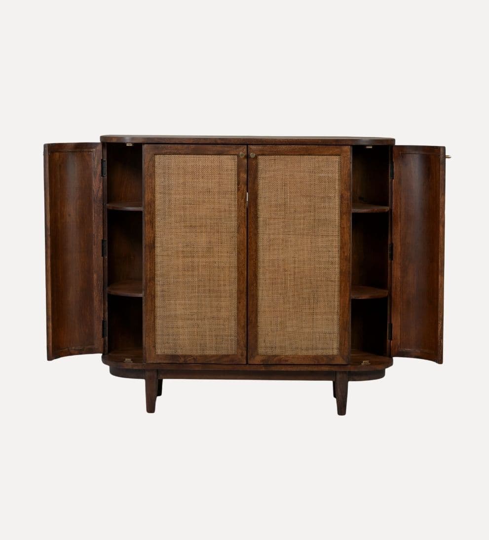 Entryway Cabinet ¨C Curved Cane-Detailed Storage Cabinet with Warm Acacia Wood, Rounded Silhouette, Inviting Robust Design for Entryway or Living Space, 52W x 20D x 48H