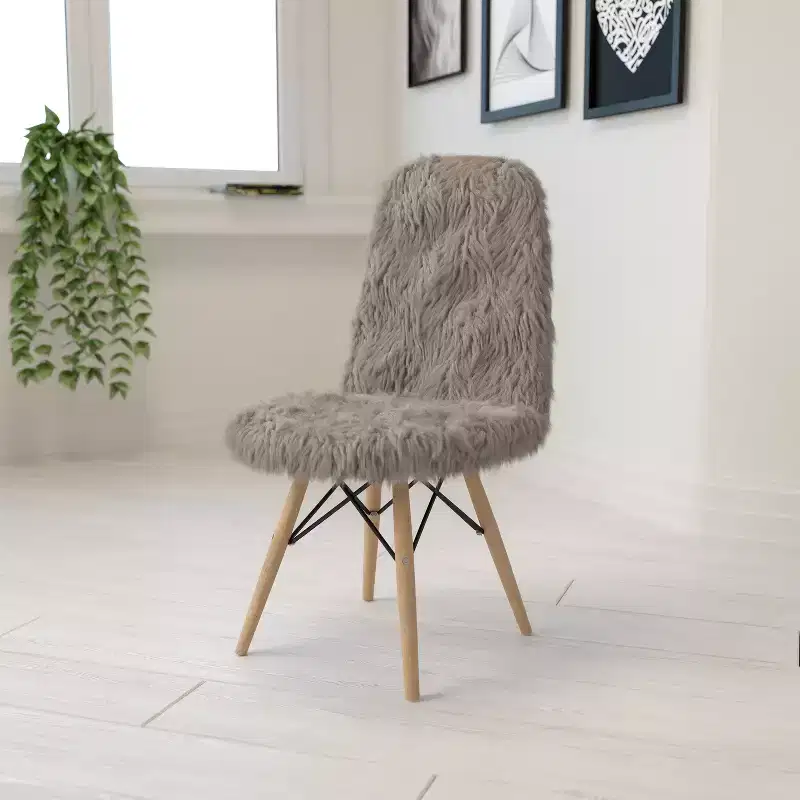 Shaggy Faux Fur Accent Chair with Beechwood Base - Retro Contemporary Style