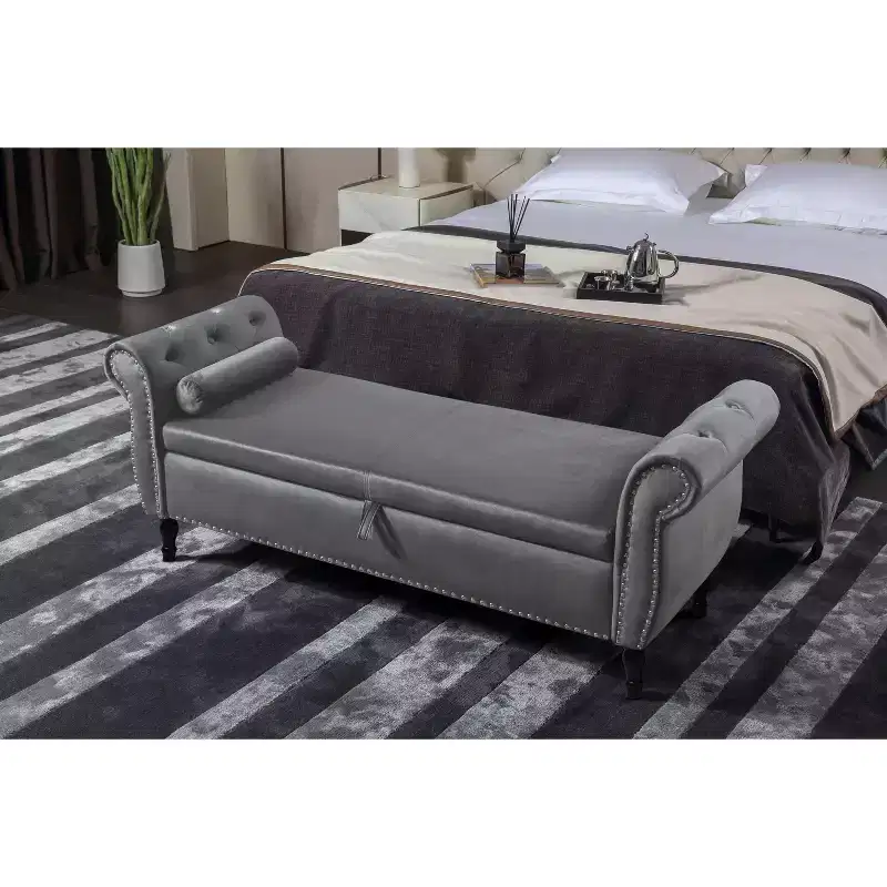 TUYOHW Velvet Storage Bench with Buttons Tufted and Nailhead Decoration, Storage Ottoman with Wood Legs and 1 Pillow, End Of Bed Storage Bench