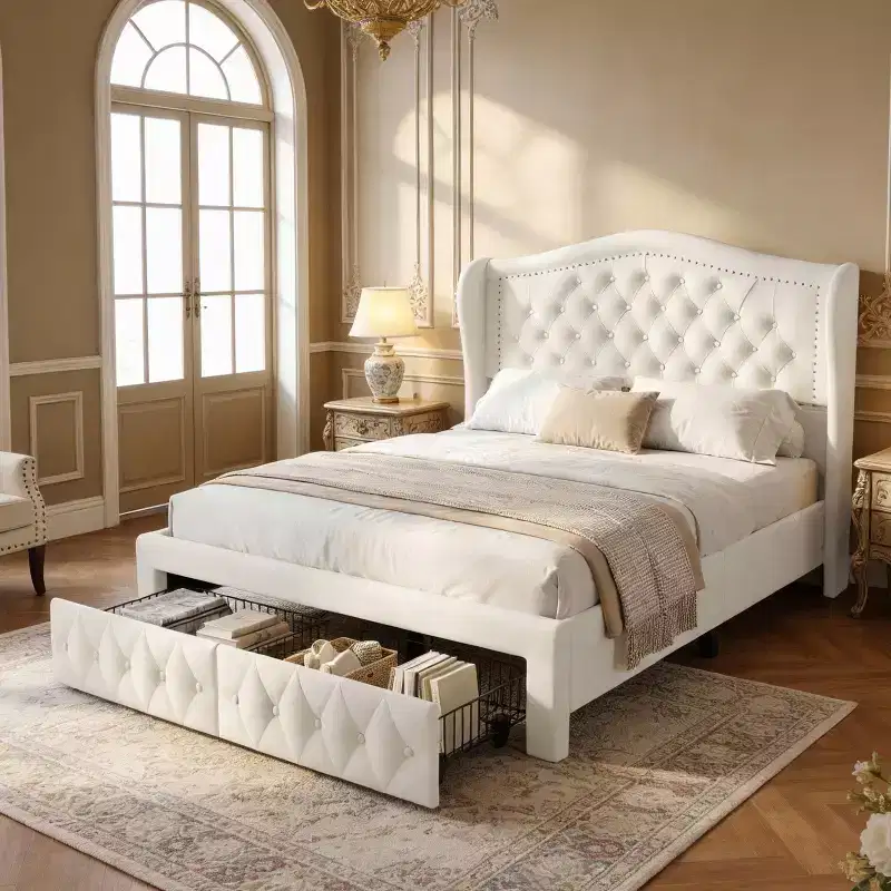 Queen Velvet Wingback Bed Frame with 2 Storage Drawers & Diamond Tufted Headboard