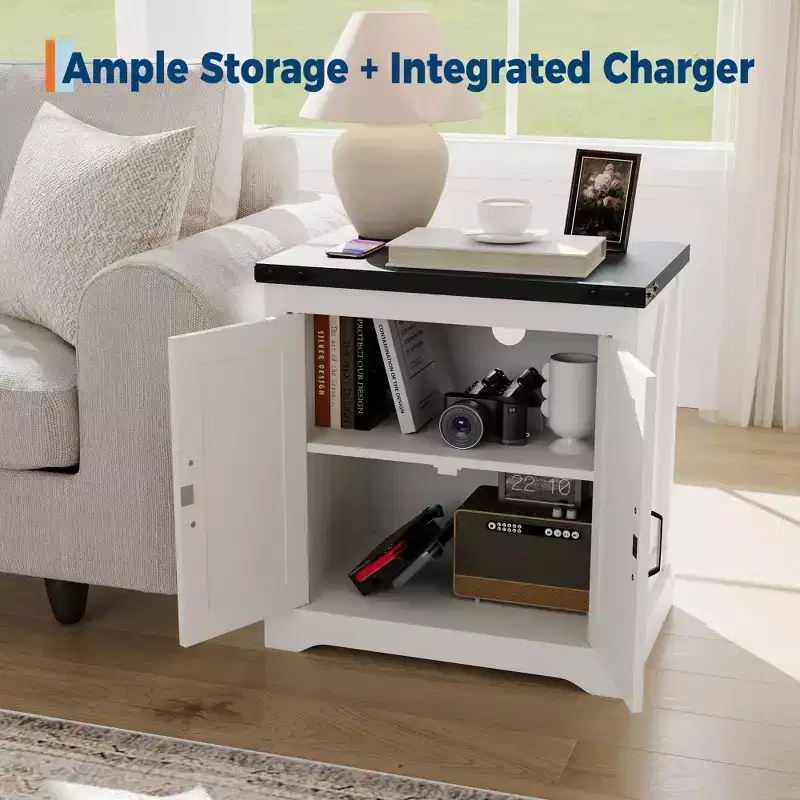 Farmhouse End Table - 24 White Farmhouse End Table with Barn Door, Rustic Wood,Side Table for Bedroom Living Room