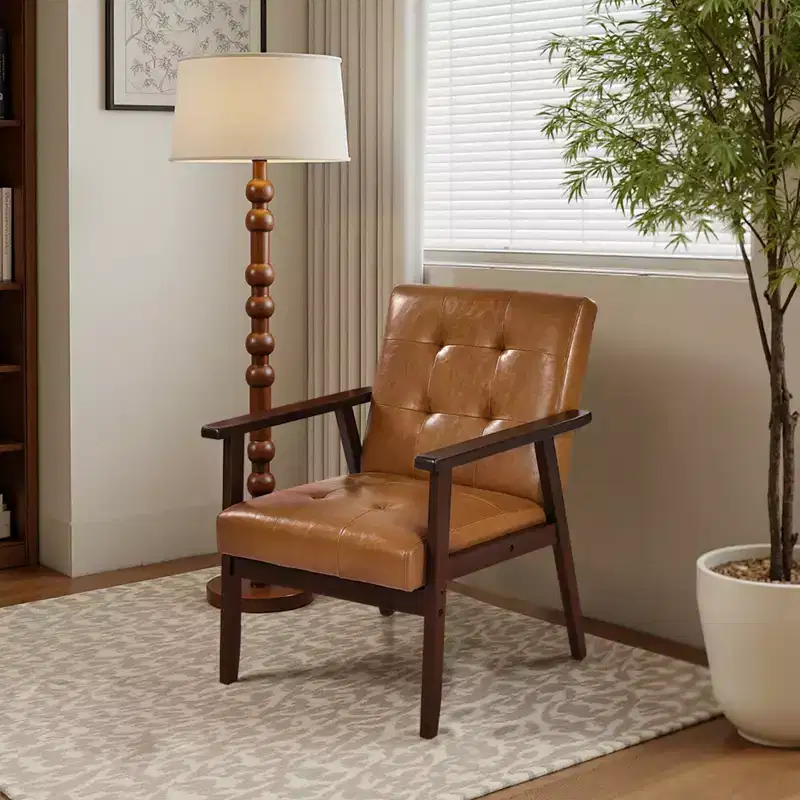 Accent Chair, Mid Century Modern Armchair with Solid Wood Frame and Non-Slip Legs, Upholstered Leisure Chair with PU Leather, Brown