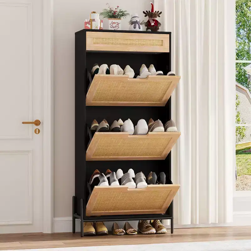 Natural Rattan 3 Flip Door with 1 Drawer Shoe Rack Storage Cabinet, Shoe Cabinet Organizer Freestanding with 3-Tier Adjustable Shelves for Entryway
