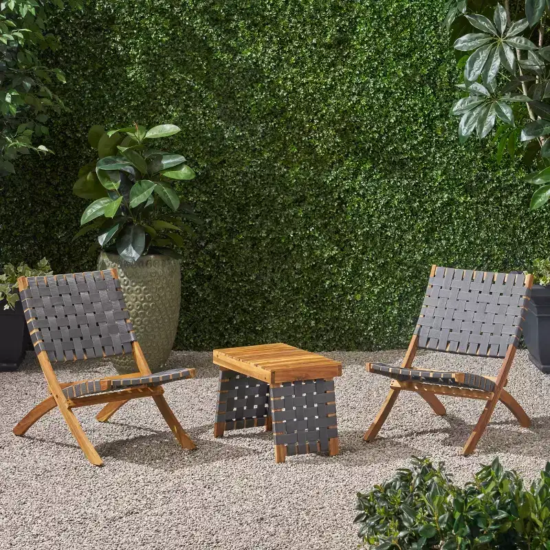 GDFStudio Bezalel Outdoor Woven Webbing Acacia Wood 3 Piece Foldable Chat Set, Brown and Gray