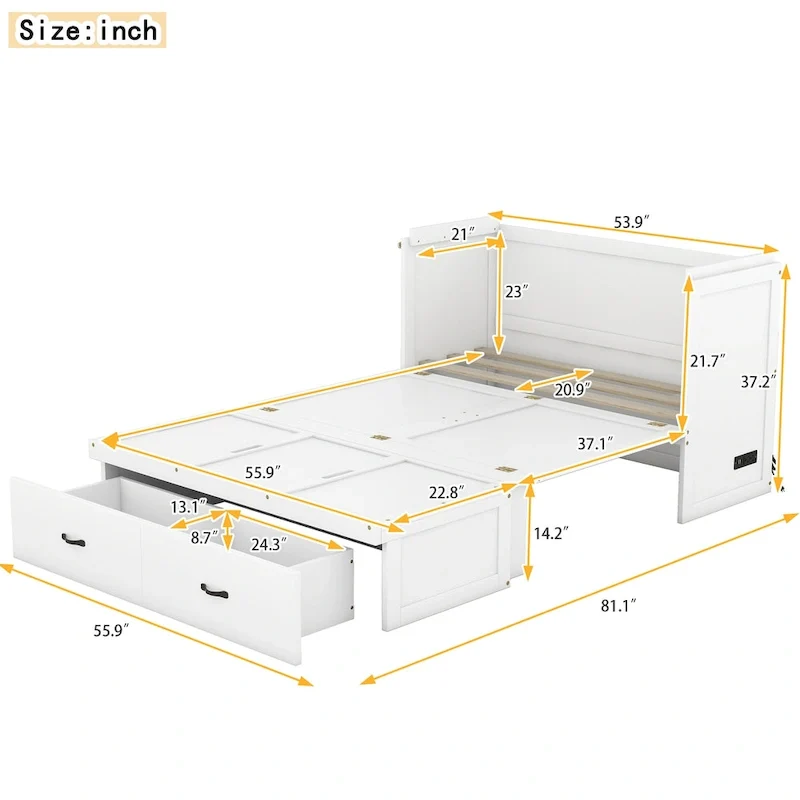 Full Pine Murphy Bed with USB & Drawer