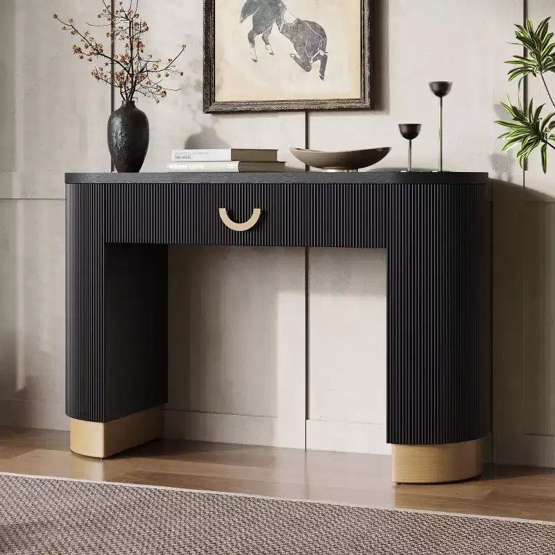 Modern Console Table with Storage Drawer, Entryway Table with Vertical Ribbed Design and Gold Accents for Hallway or Living Room - Panipeachy