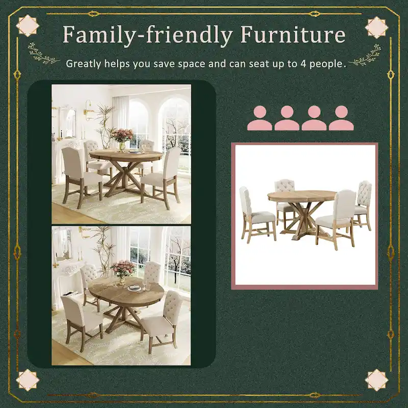 Functional Dining Table Set with Extendable Table and 4 Upholstered Chairs