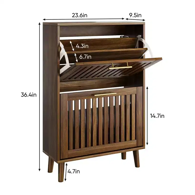 FurnitureR 23.6 Inch Walnut Shoe Cabinet, Modern Entryway Storage with 2 Flip Drawers, Fence Design, for Hallway and Corridor