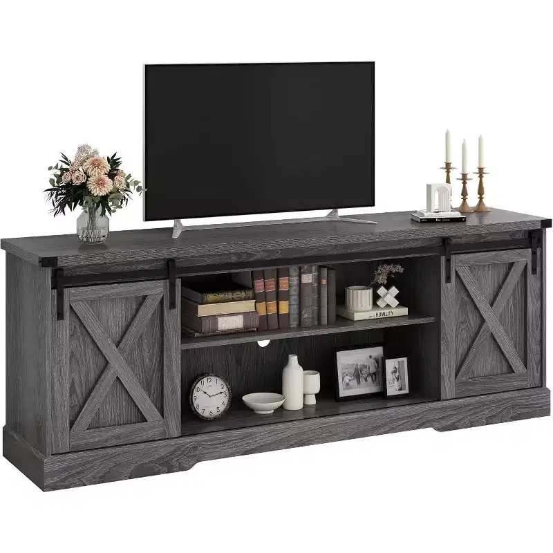 70-Inch Farmhouse TV Stand with Cross Barn Doors, Entertainment Center for Living Room