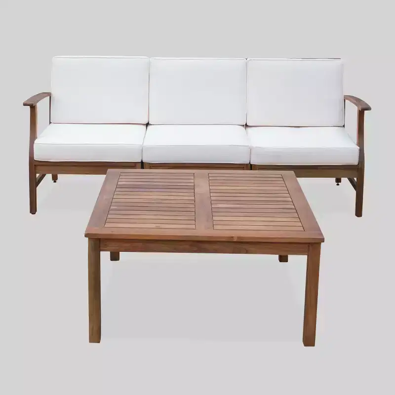 Perla 4pc Acacia Wood Sectional Sofa Set Teak/Cream - Christopher Knight Home: Weather-Resistant Outdoor Seating