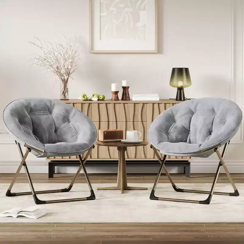 Rocking Chair , Oversized Saucer Chair with Plush Cushion & Gold Metal Frame, Indoor/Outdoor Moon Chair for Living Room, Bedroom, Gray(2pcs)