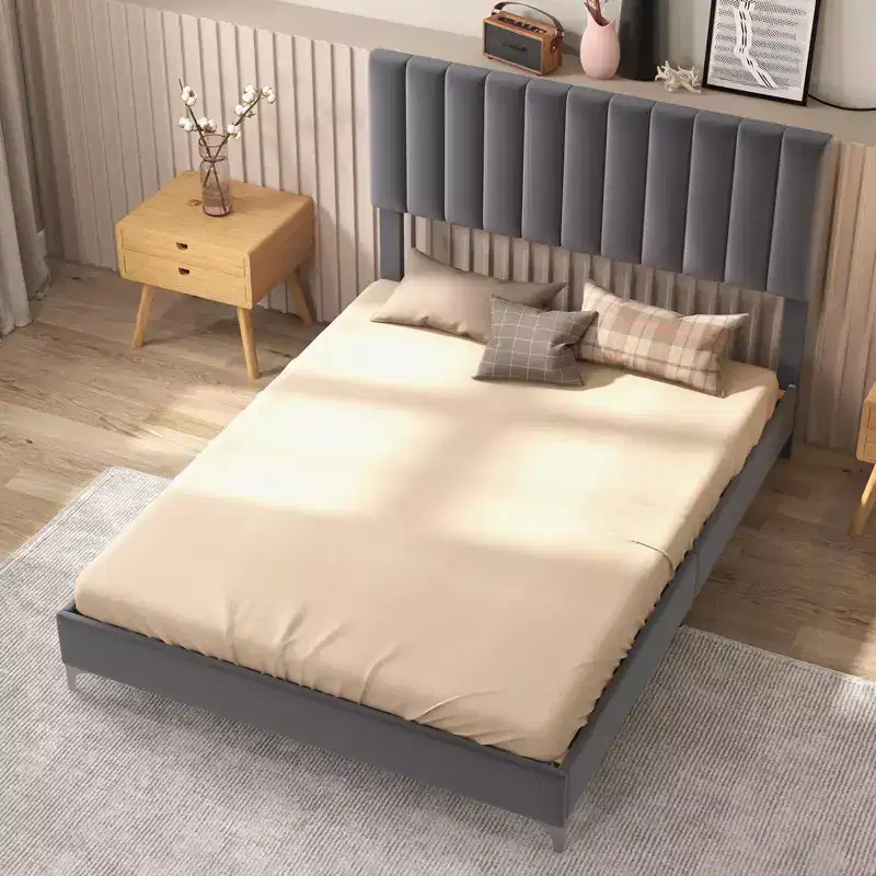 Dark Grey Velvet Upholstered Platform Bed, Adjustable Headboard, For 2
