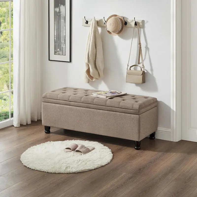 45 Linen Fabric Storage Stool with Spindle Wood Legs