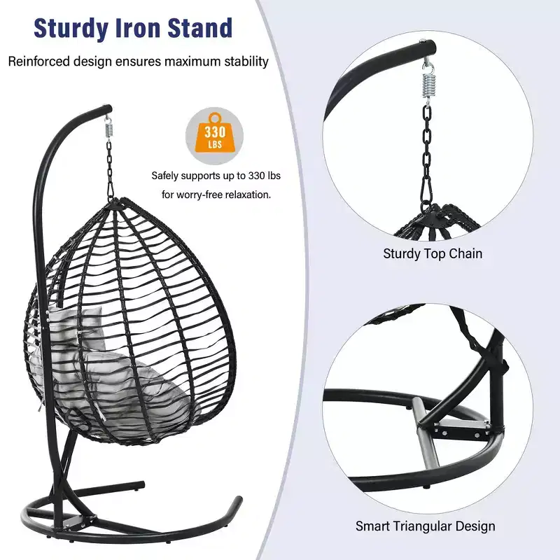 Whisen Hanging Hammock Chair with Stand, Egg Swing Chair with Iron Frame and Cushion & Headrest