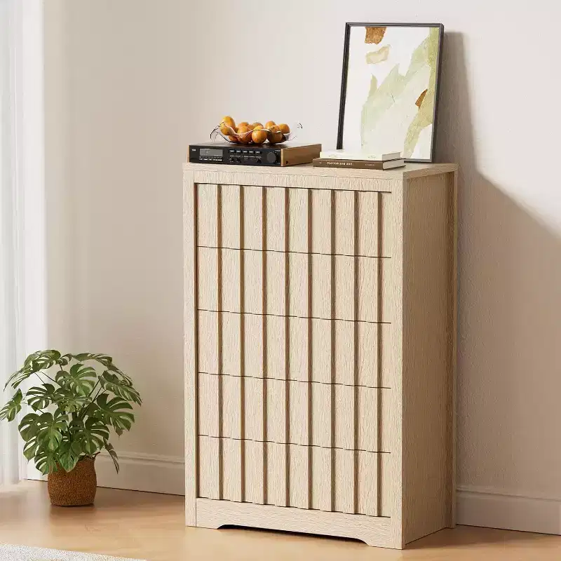Tall Fluted 5-Drawer Dresser - Handleless Design with Deep Storage for Bedroom & Living Room