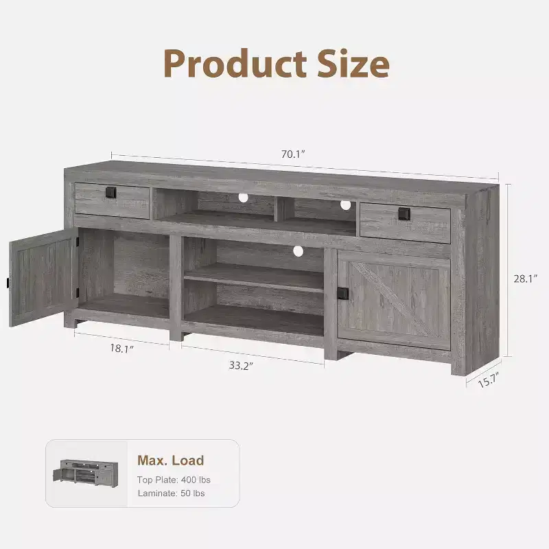 GustoWave Farmhouse TV Stand for 80 Inch TVs, Long Entertainment Center with 4 Storage Drawers & 3 Open Shelf
