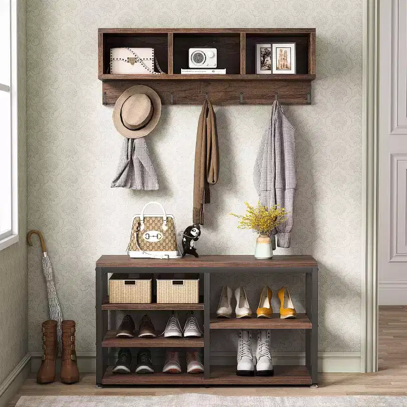 Lantine Industrial Shoe Rack Bench with Coat Rack Set, 3 Storage Cubbies and 7 Hooks for Entryway, Hallway, 5-in-1 Design, Rustic Brown