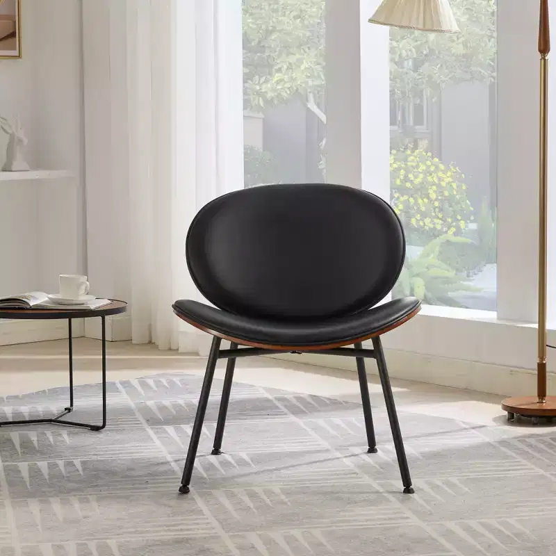 Mid-Century Modern Shell Chair - Tripod Base, Black Leather, Walnut Finish, Comfortable Backrest