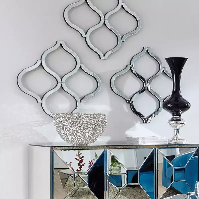 Decorative Lattice Beveled Accent Wall Mirror, Silver Wood Frame