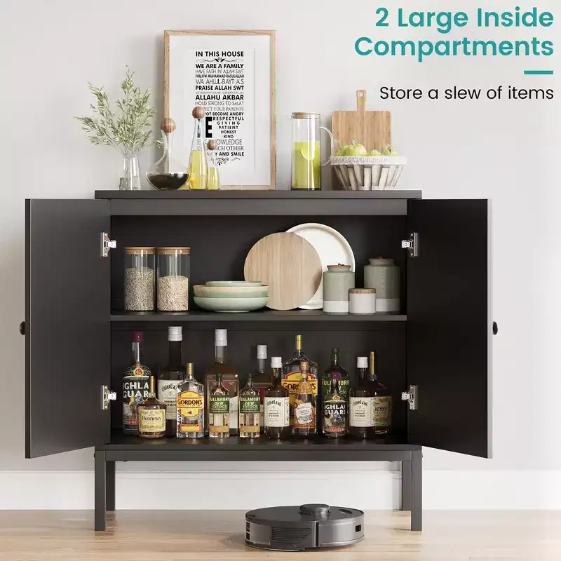Buffet Cabinet, Rattan Storage Cabinet with Doors and Shelves