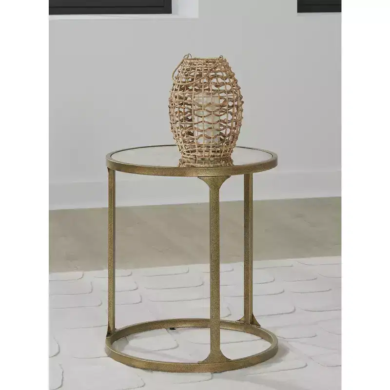 Signature Design by Ashley Korajane Round End Table - Antique Gold Metal Frame with Faux Marble Glass Top