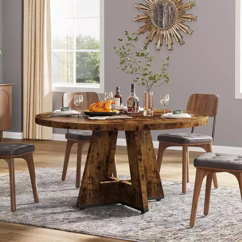 Lantine 47-Inch Round Dining Table for 4, Farmhouse Circle Kitchen Table with Wooden Pedestal Base for Kitchen, Dining Room, Living Room, Rustic Brown