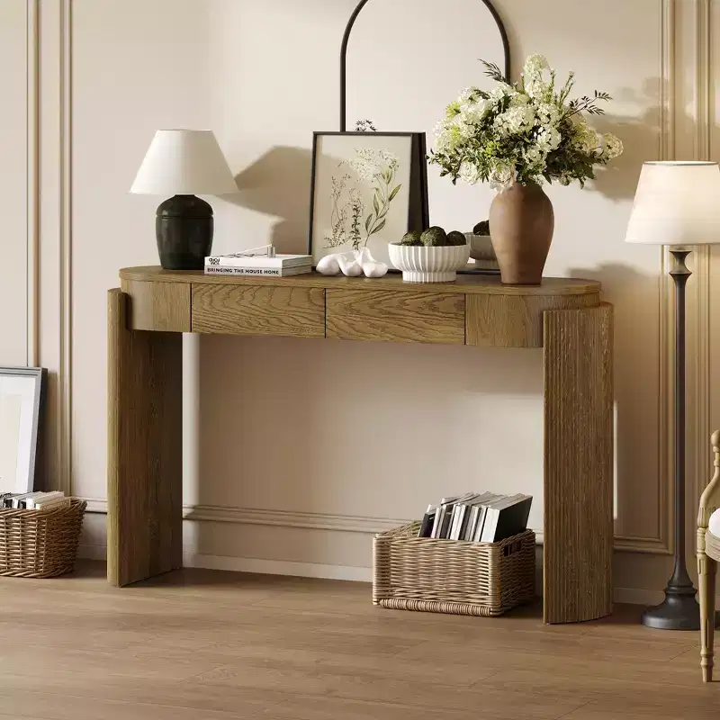 Entryway Table with Natural Wood Grain Finish, Recessed Console, Oval Top, Two Drawers, for Entryways and Living Rooms
