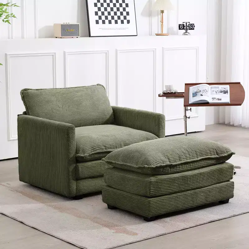Modern Corduroy Fabric Upholstered Accent Chair with Ottoman