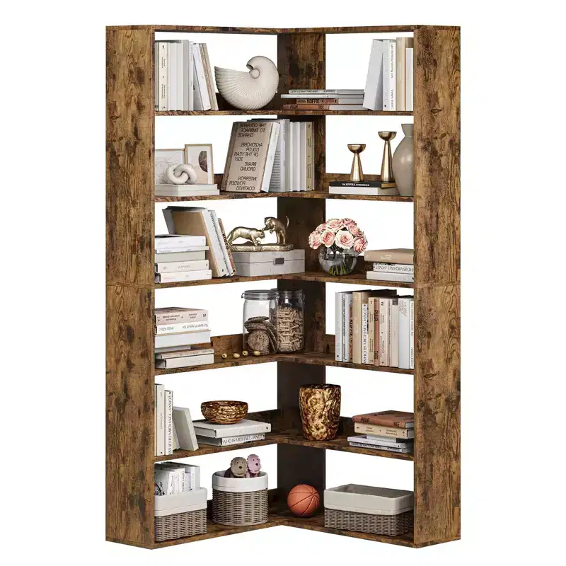 Corner Book Shelf, 6-Tier Tall Corner Bookcase with Baffles, L-Shaped Modern Industrial Display Bookshelf, Corner Shelf Unit