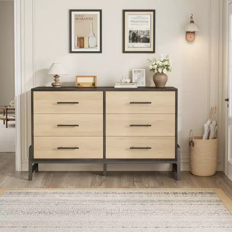 6 Chest of Dresser, Wide Drawer Storage Dresser, Freestanding Wood Closet Storage Dresser Chest for Living Room, Bedroom, Entryway