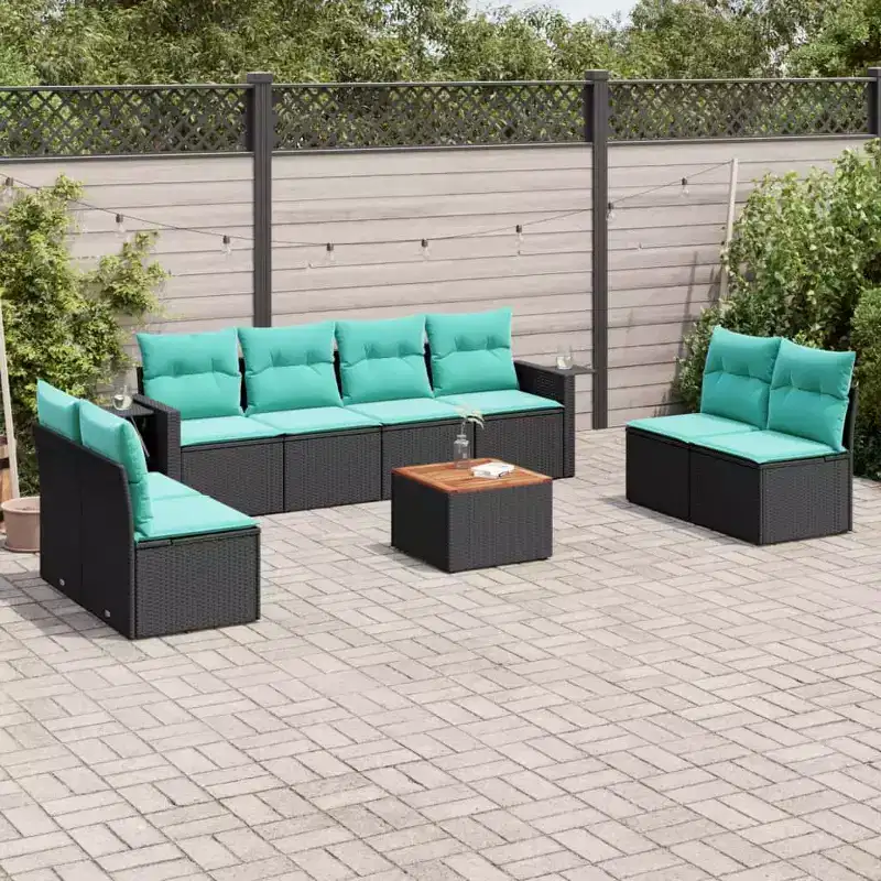 vidaXL 9 Piece Patio Sofa Set with Cushions Black Poly Rattan